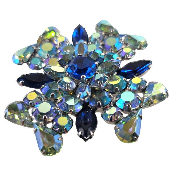 Aurora Borealis Rhinestone Brooch Pin Blue Hues Large  2.31” Sparkle AB Glam - Picture 9 of 9